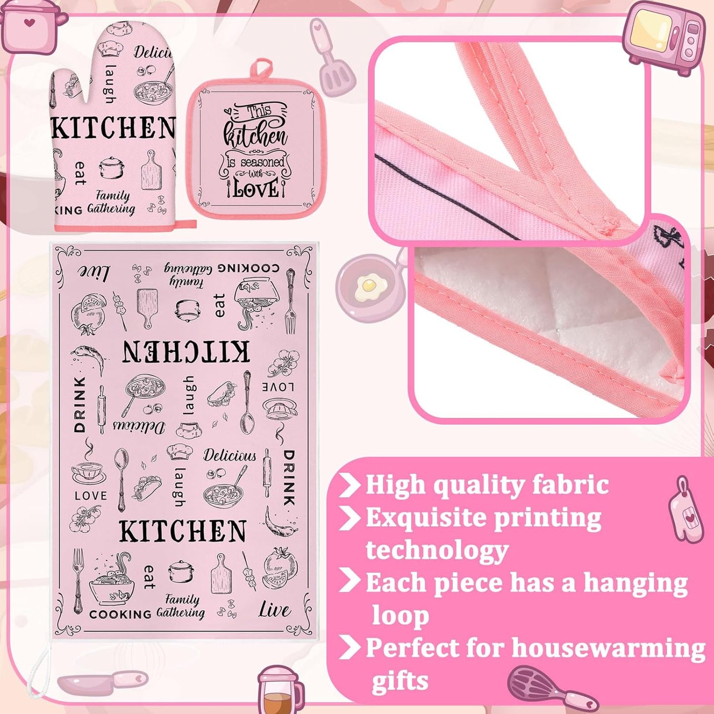6 Kitchen Towels Sets Kitchen Decor Accessories Set with Oven Mitts and Pot Holders Farmhouse Oven Glove Decor for Cooking Baking Grilling Supplies(Pink,Vivid)