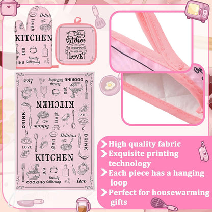 6 Kitchen Towels Sets Kitchen Decor Accessories Set with Oven Mitts and Pot Holders Farmhouse Oven Glove Decor for Cooking Baking Grilling Supplies(Pink,Vivid)