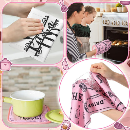 6 Kitchen Towels Sets Kitchen Decor Accessories Set with Oven Mitts and Pot Holders Farmhouse Oven Glove Decor for Cooking Baking Grilling Supplies(Pink,Vivid)