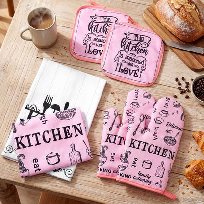 6 Kitchen Towels Sets Kitchen Decor Accessories Set with Oven Mitts and Pot Holders Farmhouse Oven Glove Decor for Cooking Baking Grilling Supplies(Pink,Vivid)