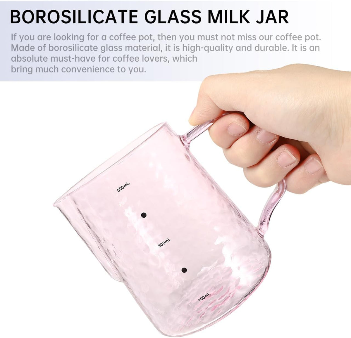Glass Milk Jar Borosilicate Glass Coffee Pot with Graduated Scale 4.72X3.54X4.33 in Small Pitcher with Spout and Handle for Milk Juice Latte Home Serving