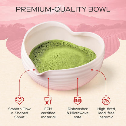 Matcha Whisk Set | Complete Pink Matcha Set w/Heart-Shaped Bowl, Bamboo Whisk, Holder, Stainless Steel Sifter, Bamboo Scoop | Cute Gift Present Macha Kit Handmade Bowl | Macha Powder Tea Kit
