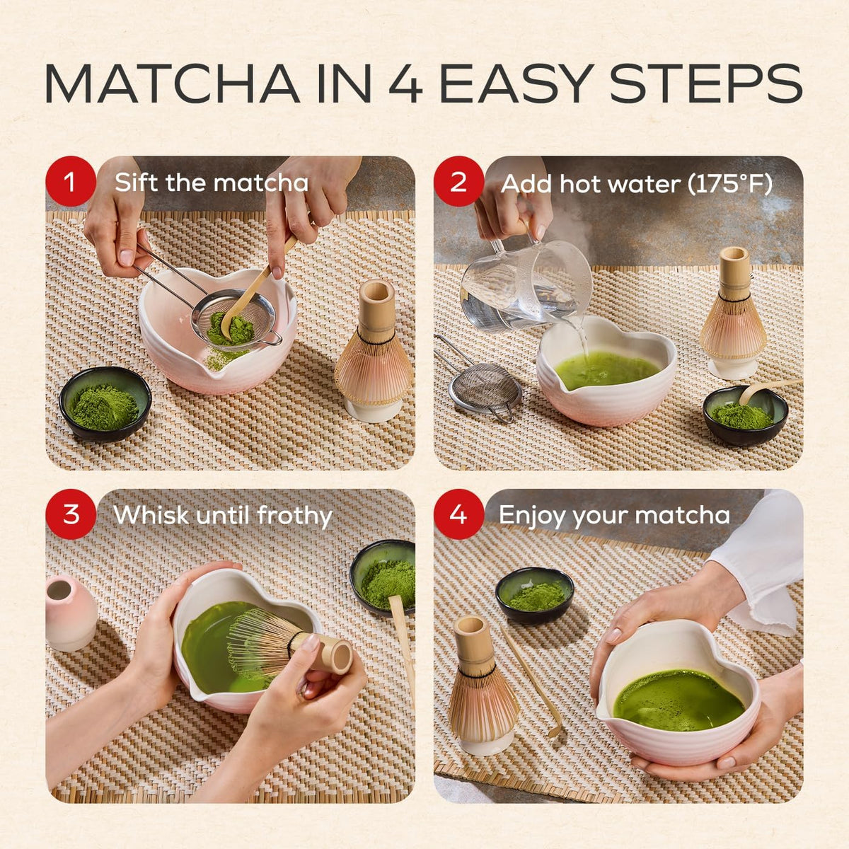 Matcha Whisk Set | Complete Pink Matcha Set w/Heart-Shaped Bowl, Bamboo Whisk, Holder, Stainless Steel Sifter, Bamboo Scoop | Cute Gift Present Macha Kit Handmade Bowl | Macha Powder Tea Kit