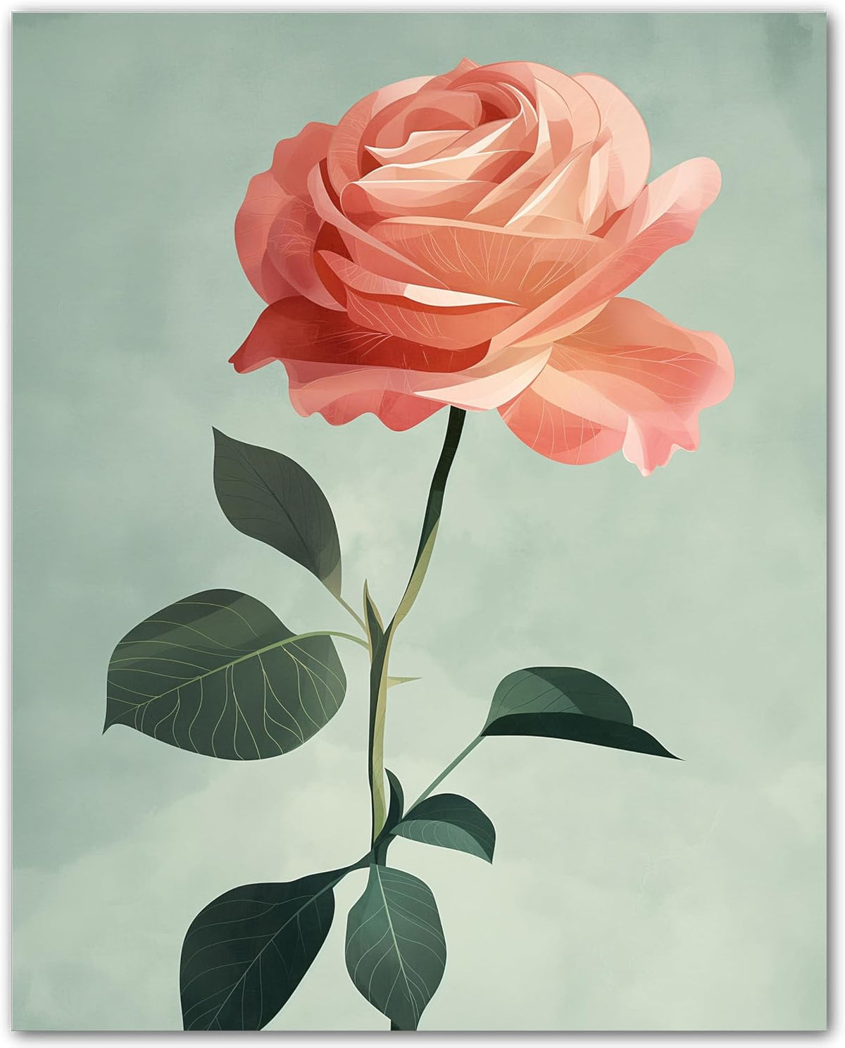 Soft Peach Rose Stem - 8x10 Unframed Single Rose Wall Art - Blossom Flower Botanical Print for Bedroom Office Living Room Hallway or Gallery Wall - Romantic Floral Artwork for Home Decor