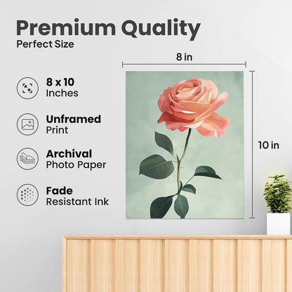 Soft Peach Rose Stem - 8x10 Unframed Single Rose Wall Art - Blossom Flower Botanical Print for Bedroom Office Living Room Hallway or Gallery Wall - Romantic Floral Artwork for Home Decor