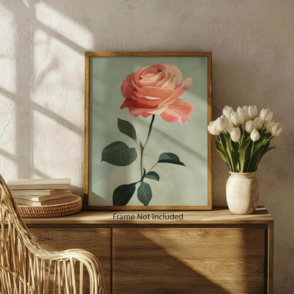 Soft Peach Rose Stem - 8x10 Unframed Single Rose Wall Art - Blossom Flower Botanical Print for Bedroom Office Living Room Hallway or Gallery Wall - Romantic Floral Artwork for Home Decor