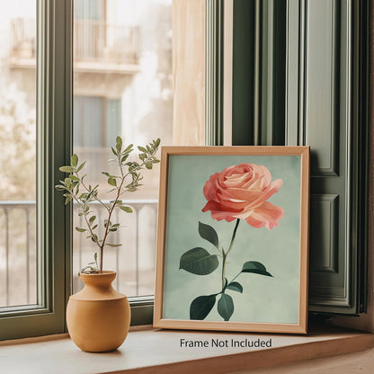 Soft Peach Rose Stem - 8x10 Unframed Single Rose Wall Art - Blossom Flower Botanical Print for Bedroom Office Living Room Hallway or Gallery Wall - Romantic Floral Artwork for Home Decor