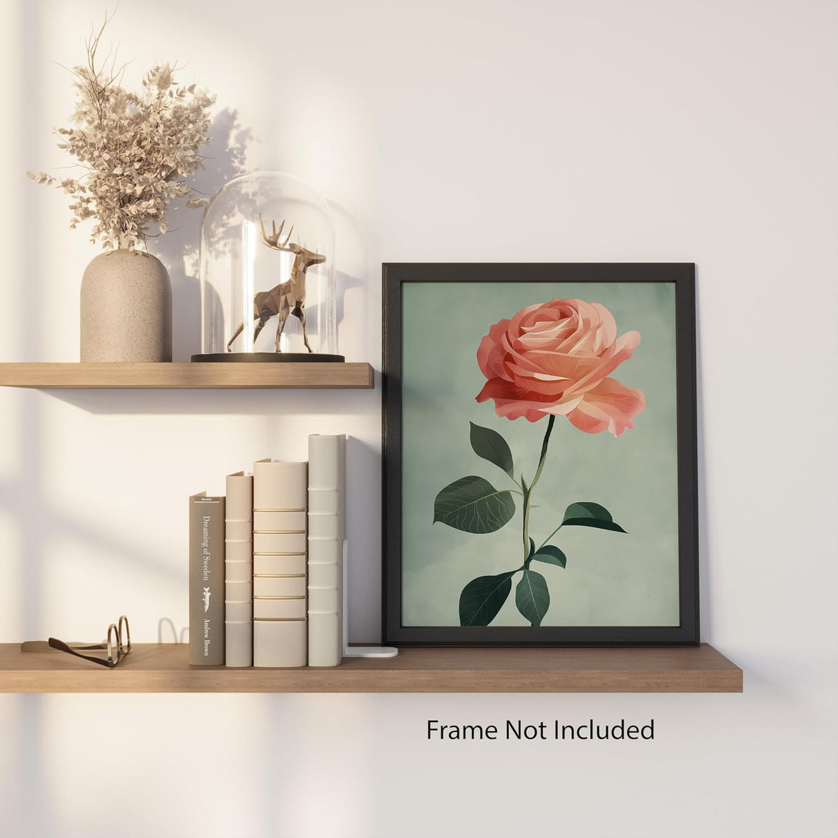 Soft Peach Rose Stem - 8x10 Unframed Single Rose Wall Art - Blossom Flower Botanical Print for Bedroom Office Living Room Hallway or Gallery Wall - Romantic Floral Artwork for Home Decor