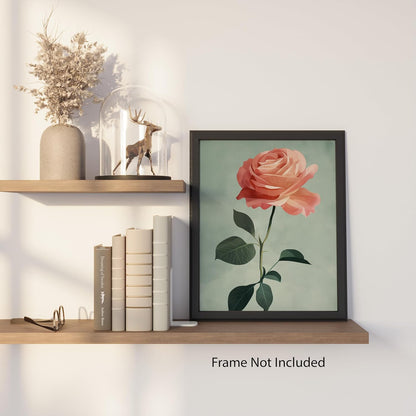 Soft Peach Rose Stem - 8x10 Unframed Single Rose Wall Art - Blossom Flower Botanical Print for Bedroom Office Living Room Hallway or Gallery Wall - Romantic Floral Artwork for Home Decor