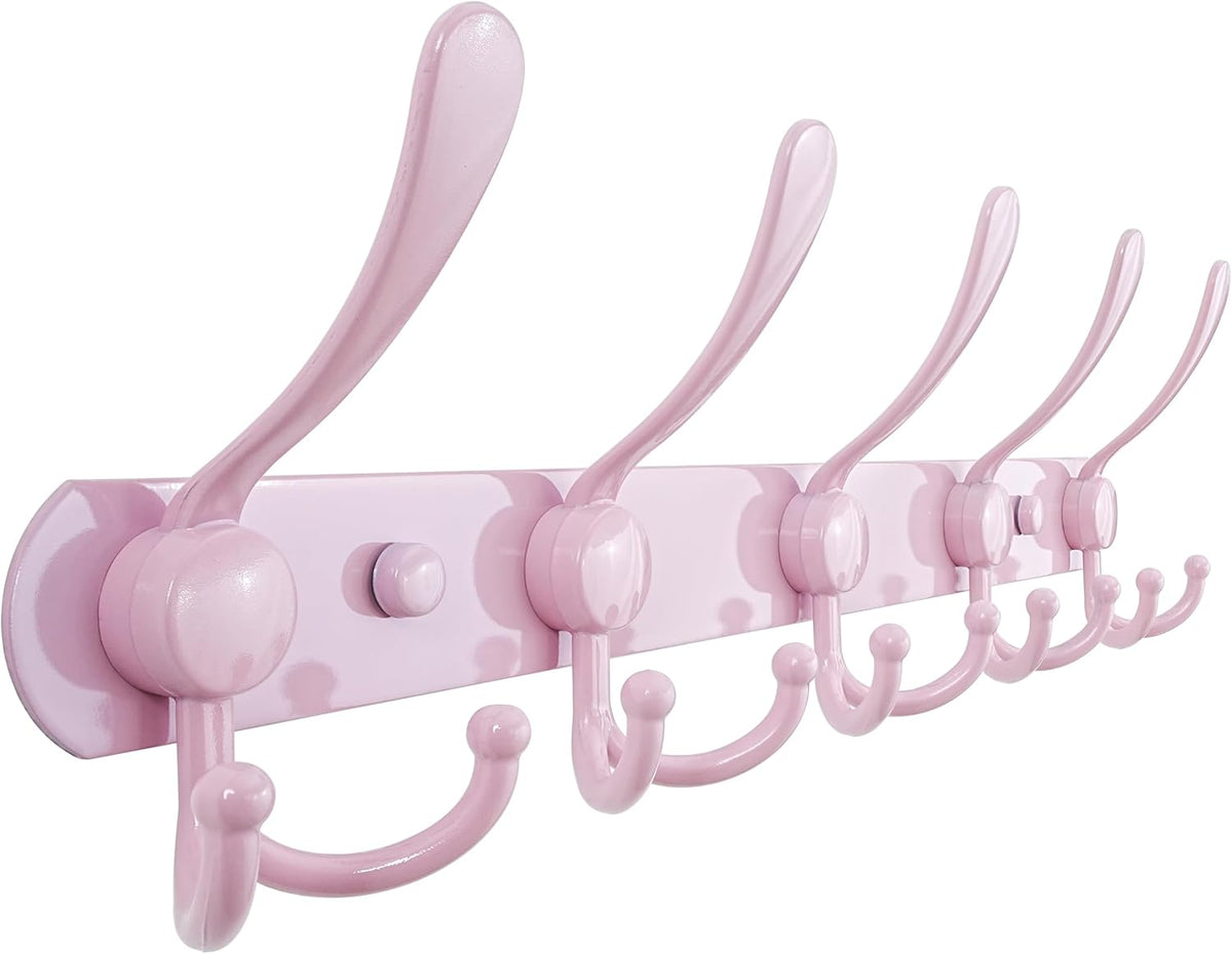 Coat Rack Wall Mounted - 5 Tri Hooks, Heavy Duty, Stainless Steel, Metal Coat Hook Rail for Coat Hat Towel Purse Robes Mudroom Bathroom Entryway, Pink