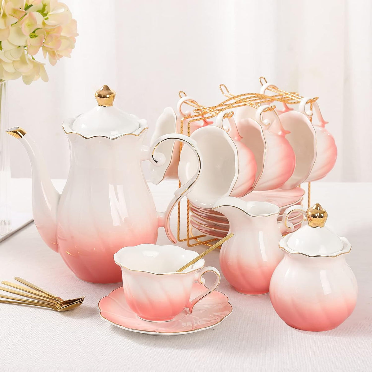 22 pcs Porcelain Tea Set for 6, Luxury British Style Tea/Coffee Cup Set with Golden Trim, Beautiful Tea Set for Women, Tea Party Set, Gift Package (With a Stand) - Gradient Pink