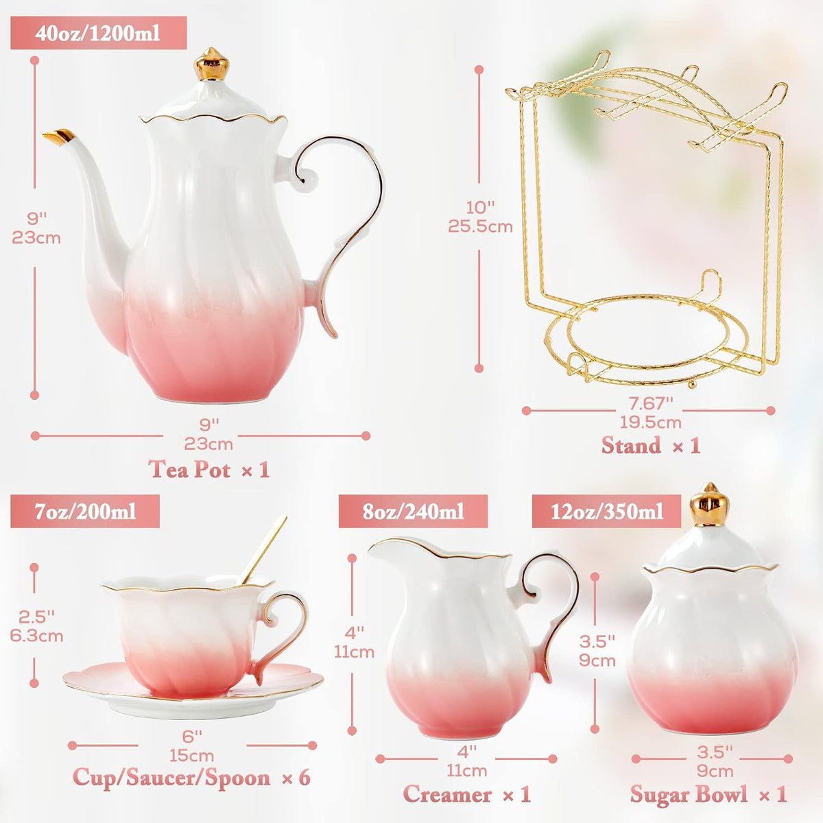 22 pcs Porcelain Tea Set for 6, Luxury British Style Tea/Coffee Cup Set with Golden Trim, Beautiful Tea Set for Women, Tea Party Set, Gift Package (With a Stand) - Gradient Pink