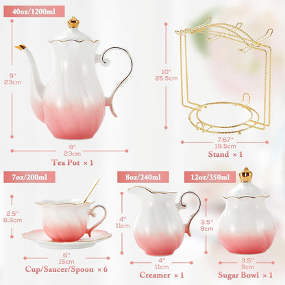 22 pcs Porcelain Tea Set for 6, Luxury British Style Tea/Coffee Cup Set with Golden Trim, Beautiful Tea Set for Women, Tea Party Set, Gift Package (With a Stand) - Gradient Pink