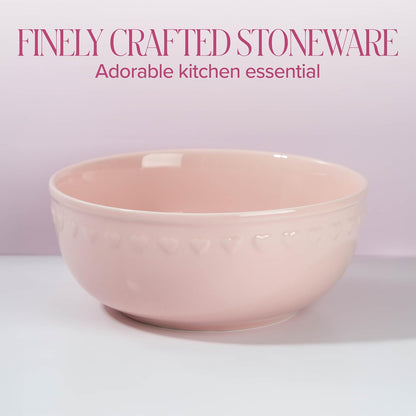 Paris Hilton Ceramic Serving Bowl, Iconic Stoneware with Heart Detailing, Microwave & Dishwasher Safe, 10-Cup Capacity, 9.25 Inch Diameter, Pink