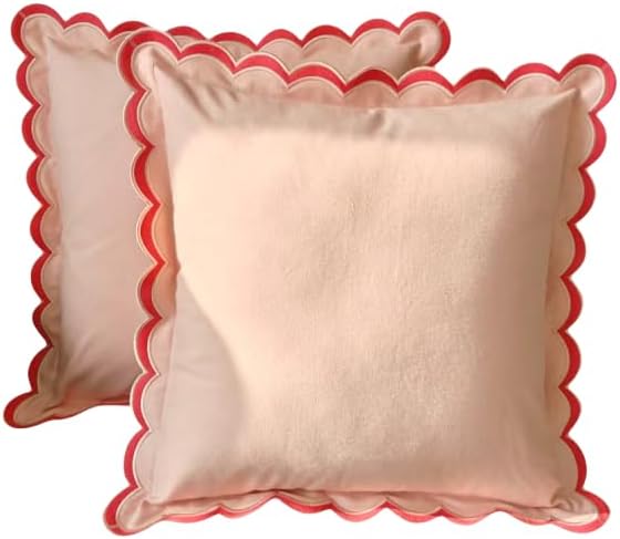 Scalloped Edge Embroidery Pillow Cover Set of 2 | Decorative Throw Pillow Covers | Boho-Chic Cushion Covers for Living Room (Pink)