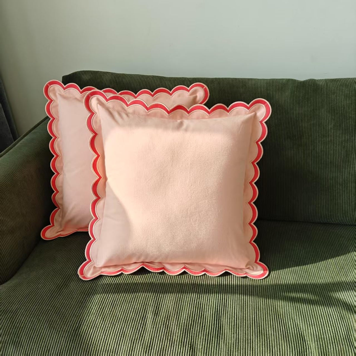 Scalloped Edge Embroidery Pillow Cover Set of 2 | Decorative Throw Pillow Covers | Boho-Chic Cushion Covers for Living Room (Pink)