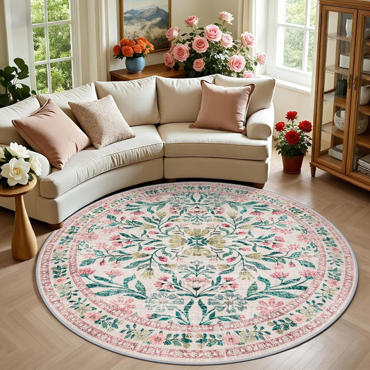 PLHXFR Round Area Rug Living Room: 6 ft Floral Washable Carpet Pink Green