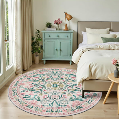 PLHXFR Round Area Rug Living Room: 6 ft Floral Washable Carpet Pink Green