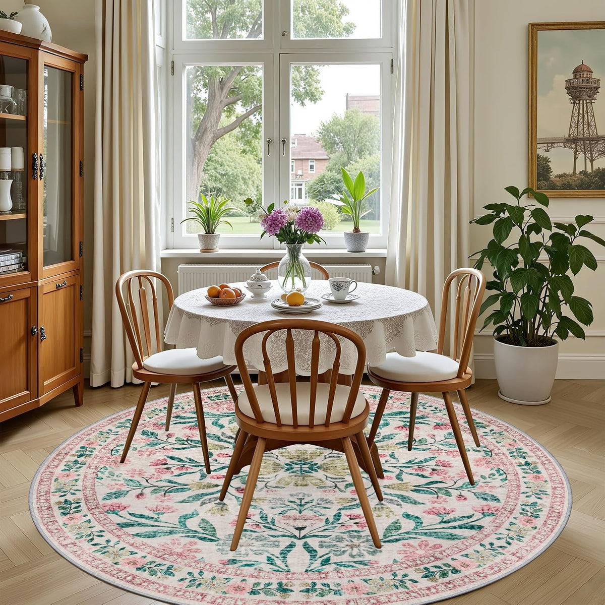 PLHXFR Round Area Rug Living Room: 6 ft Floral Washable Carpet Pink Green