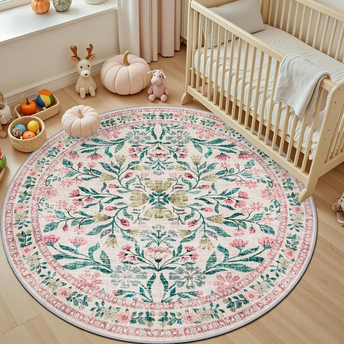 PLHXFR Round Area Rug Living Room: 6 ft Floral Washable Carpet Pink Green