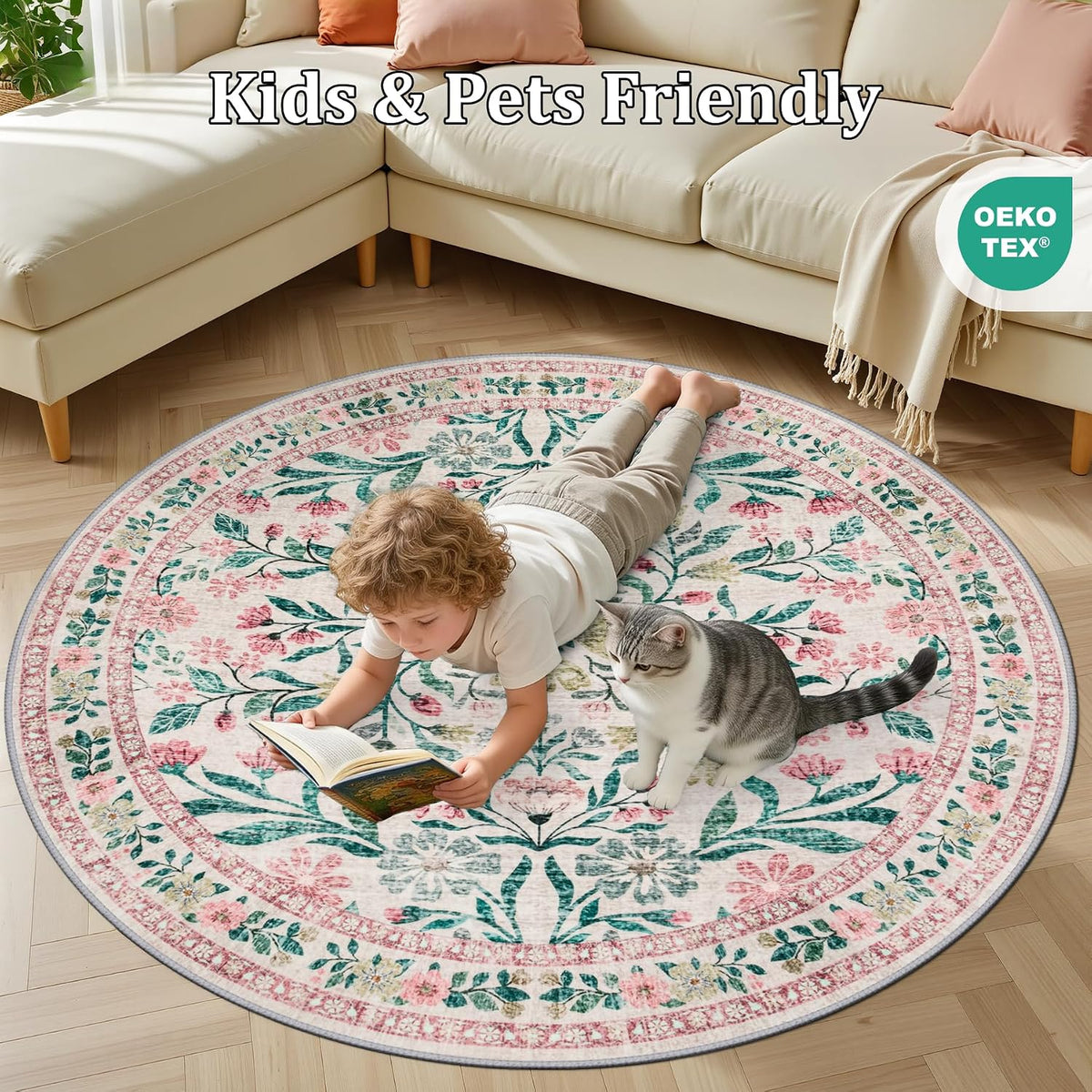 PLHXFR Round Area Rug Living Room: 6 ft Floral Washable Carpet Pink Green