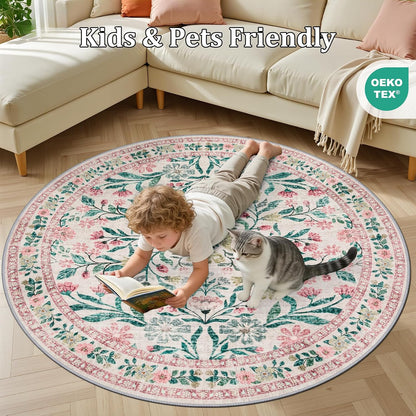 PLHXFR Round Area Rug Living Room: 6 ft Floral Washable Carpet Pink Green