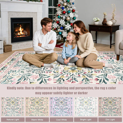 PLHXFR Round Area Rug Living Room: 6 ft Floral Washable Carpet Pink Green