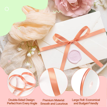 Peach Satin Ribbon - 3/8 Inch Double Faced Satin - 100 Yards - Silk Fabric - Gift Wrapping, Wedding, Flower Bouquet, Hair Bows, Crafts