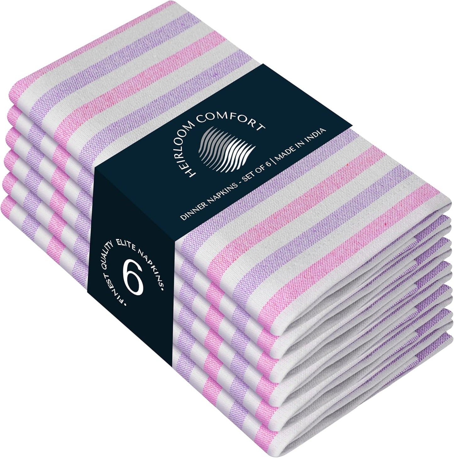 Fiesta Stripe Cloth Napkins Set of 6, 100% Cotton, 18"x18", Soft, Absorbent Reusable Fabric, Hotel Quality, Washable Table Linen for Dinner Parties, Daily Use, Rose Pink & Lavender