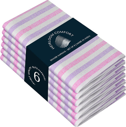 Fiesta Stripe Cloth Napkins Set of 6, 100% Cotton, 18"x18", Soft, Absorbent Reusable Fabric, Hotel Quality, Washable Table Linen for Dinner Parties, Daily Use, Rose Pink & Lavender