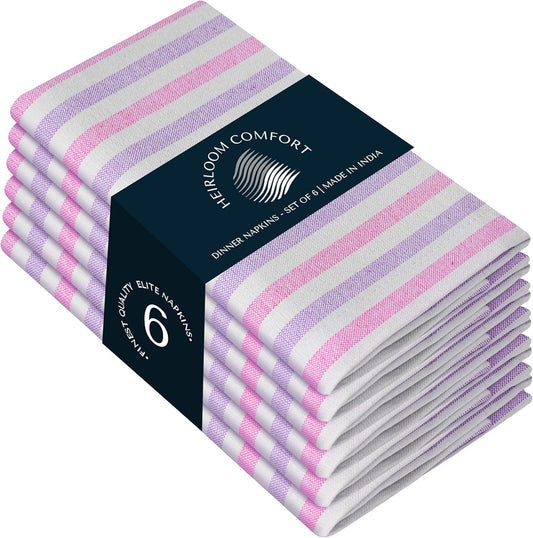 Fiesta Stripe Cloth Napkins Set of 6, 100% Cotton, 18"x18", Soft, Absorbent Reusable Fabric, Hotel Quality, Washable Table Linen for Dinner Parties, Daily Use, Rose Pink & Lavender