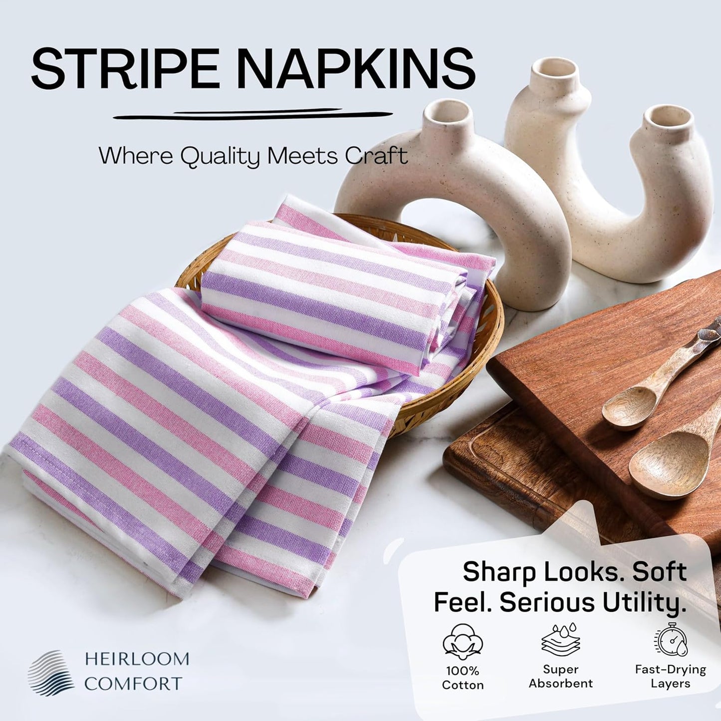 Fiesta Stripe Cloth Napkins Set of 6, 100% Cotton, 18"x18", Soft, Absorbent Reusable Fabric, Hotel Quality, Washable Table Linen for Dinner Parties, Daily Use, Rose Pink & Lavender