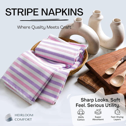 Fiesta Stripe Cloth Napkins Set of 6, 100% Cotton, 18"x18", Soft, Absorbent Reusable Fabric, Hotel Quality, Washable Table Linen for Dinner Parties, Daily Use, Rose Pink & Lavender