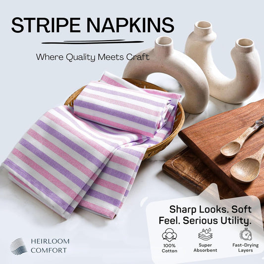 Fiesta Stripe Cloth Napkins Set of 6, 100% Cotton, 18"x18", Soft, Absorbent Reusable Fabric, Hotel Quality, Washable Table Linen for Dinner Parties, Daily Use, Rose Pink & Lavender