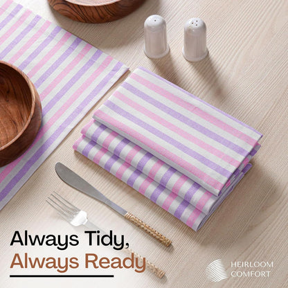 Fiesta Stripe Cloth Napkins Set of 6, 100% Cotton, 18"x18", Soft, Absorbent Reusable Fabric, Hotel Quality, Washable Table Linen for Dinner Parties, Daily Use, Rose Pink & Lavender