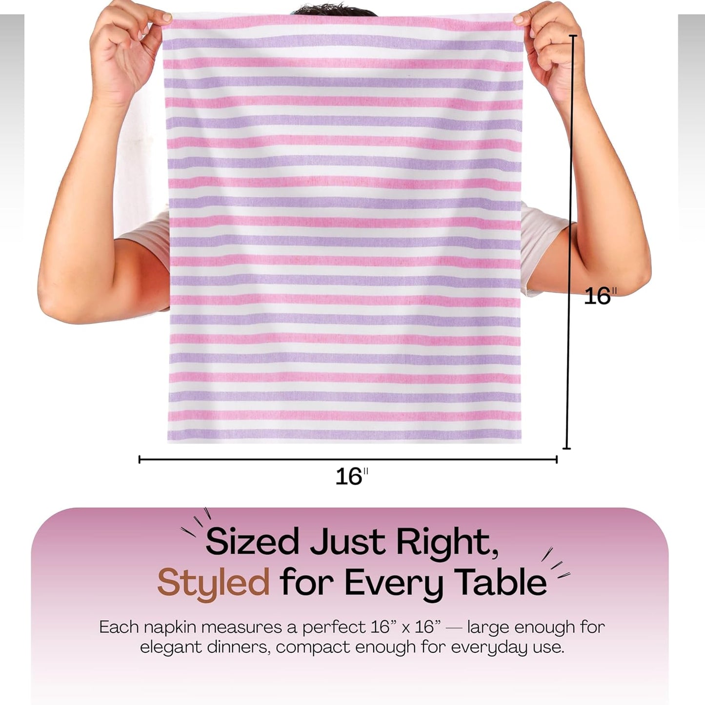 Fiesta Stripe Cloth Napkins Set of 6, 100% Cotton, 18"x18", Soft, Absorbent Reusable Fabric, Hotel Quality, Washable Table Linen for Dinner Parties, Daily Use, Rose Pink & Lavender