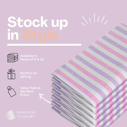 Fiesta Stripe Cloth Napkins Set of 6, 100% Cotton, 18"x18", Soft, Absorbent Reusable Fabric, Hotel Quality, Washable Table Linen for Dinner Parties, Daily Use, Rose Pink & Lavender