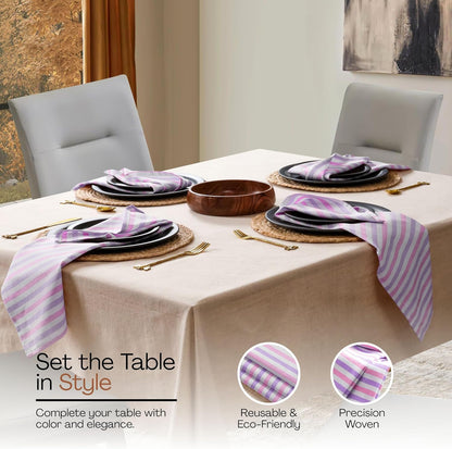 Fiesta Stripe Cloth Napkins Set of 6, 100% Cotton, 18"x18", Soft, Absorbent Reusable Fabric, Hotel Quality, Washable Table Linen for Dinner Parties, Daily Use, Rose Pink & Lavender