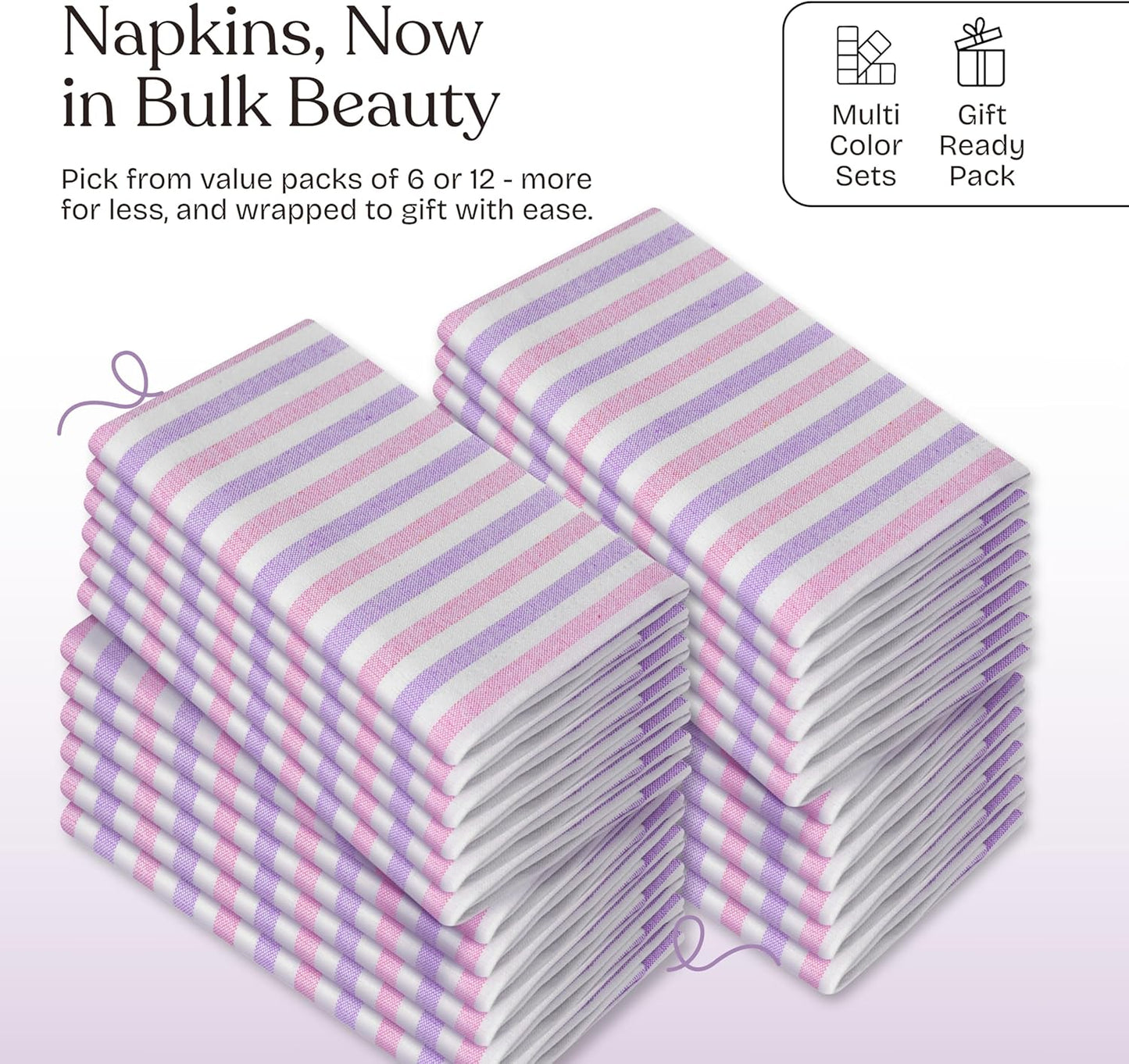 Fiesta Stripe Cloth Napkins Set of 6, 100% Cotton, 18"x18", Soft, Absorbent Reusable Fabric, Hotel Quality, Washable Table Linen for Dinner Parties, Daily Use, Rose Pink & Lavender