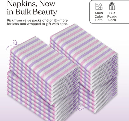 Fiesta Stripe Cloth Napkins Set of 6, 100% Cotton, 18"x18", Soft, Absorbent Reusable Fabric, Hotel Quality, Washable Table Linen for Dinner Parties, Daily Use, Rose Pink & Lavender