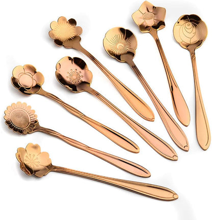 8 Pcs Coffee Spoons Stainless Steel Reusable Flower Teaspoons Rainbow Set dessert Stir Sticks 4.9in - Rose gold