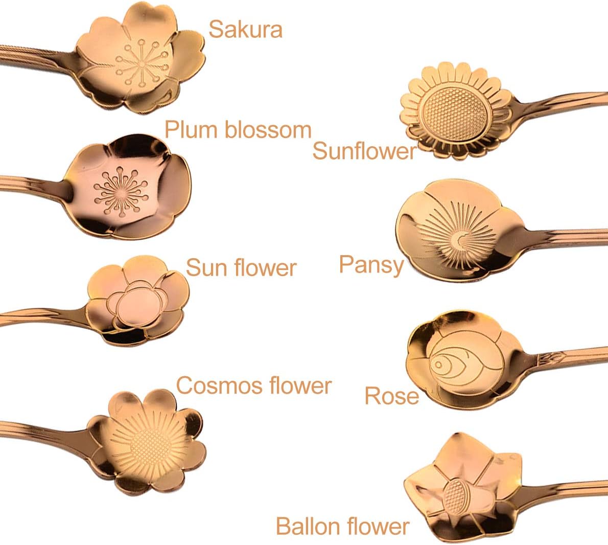 8 Pcs Coffee Spoons Stainless Steel Reusable Flower Teaspoons Rainbow Set dessert Stir Sticks 4.9in - Rose gold