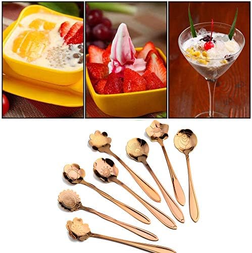 8 Pcs Coffee Spoons Stainless Steel Reusable Flower Teaspoons Rainbow Set dessert Stir Sticks 4.9in - Rose gold