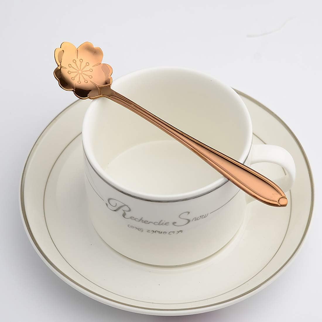8 Pcs Coffee Spoons Stainless Steel Reusable Flower Teaspoons Rainbow Set dessert Stir Sticks 4.9in - Rose gold