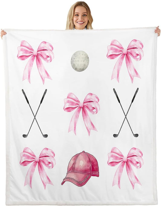 Kawaii Bow Throw Blanket,Girls Golf Bowknot Bed Plush Blanket for Kids Boys Girls Teens,Cartoon Golf Club Fleece Throw Blanket for Sofa Room Decor,Girly Sport Pink White Bed Blanket,40"x50"