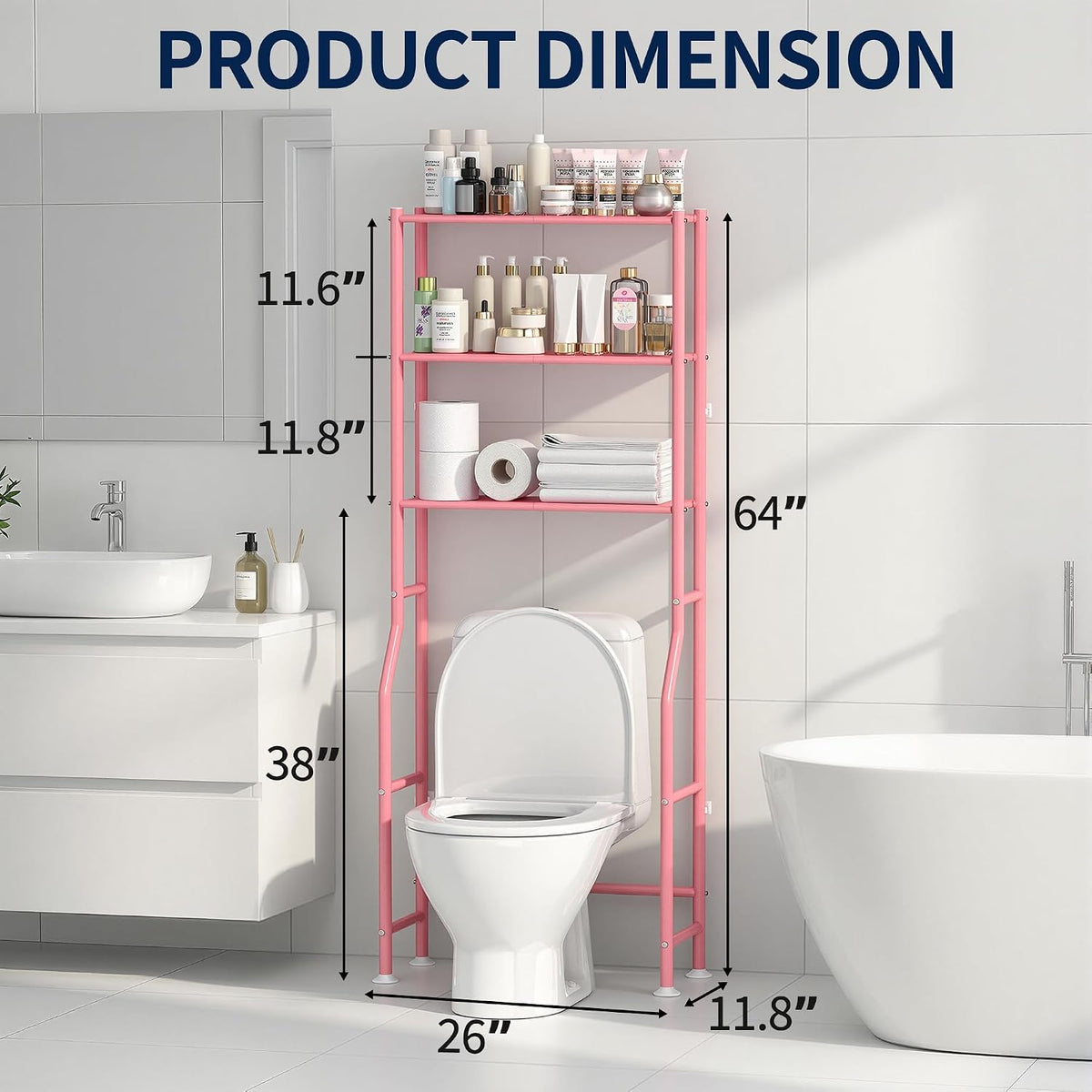 Livilord 3-Tier Over Toilet Storage Rack, Anti-Wobble, Pink
