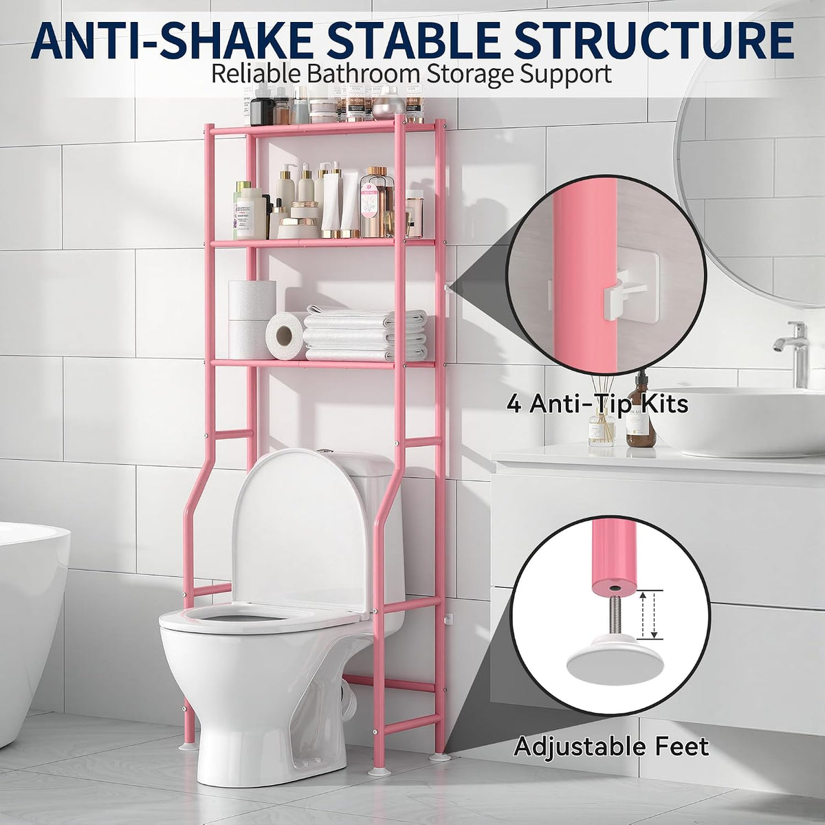 Livilord 3-Tier Over Toilet Storage Rack, Anti-Wobble, Pink