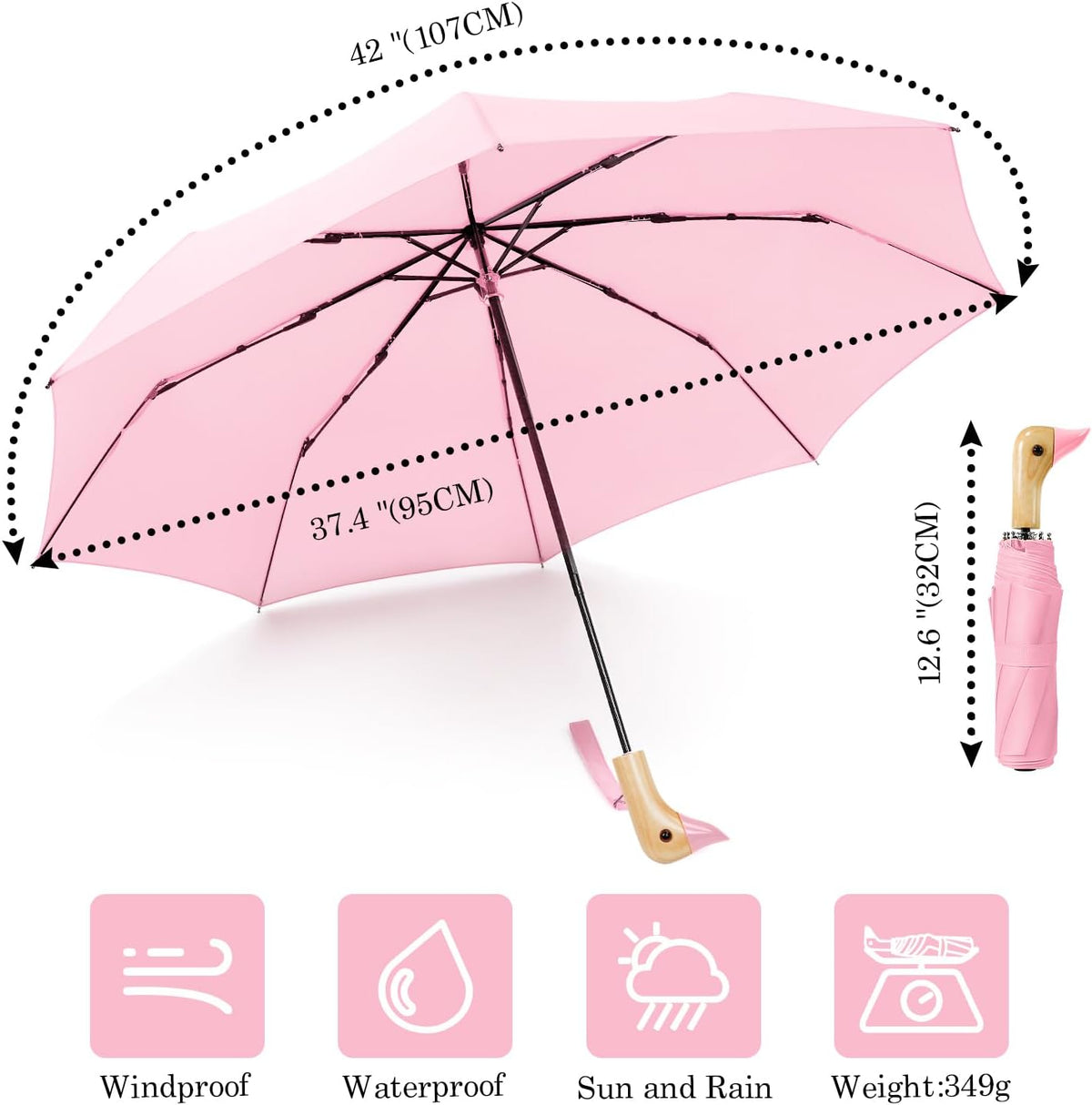 Cute Duck Handle Umbrella Compact Folding Travel Rain for Kids Women Adults