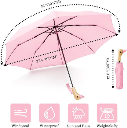 Cute Duck Handle Umbrella Compact Folding Travel Rain for Kids Women Adults