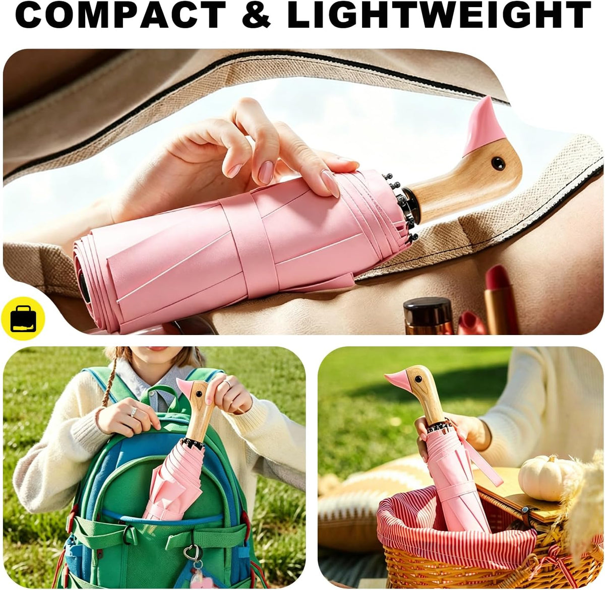 Cute Duck Handle Umbrella Compact Folding Travel Rain for Kids Women Adults